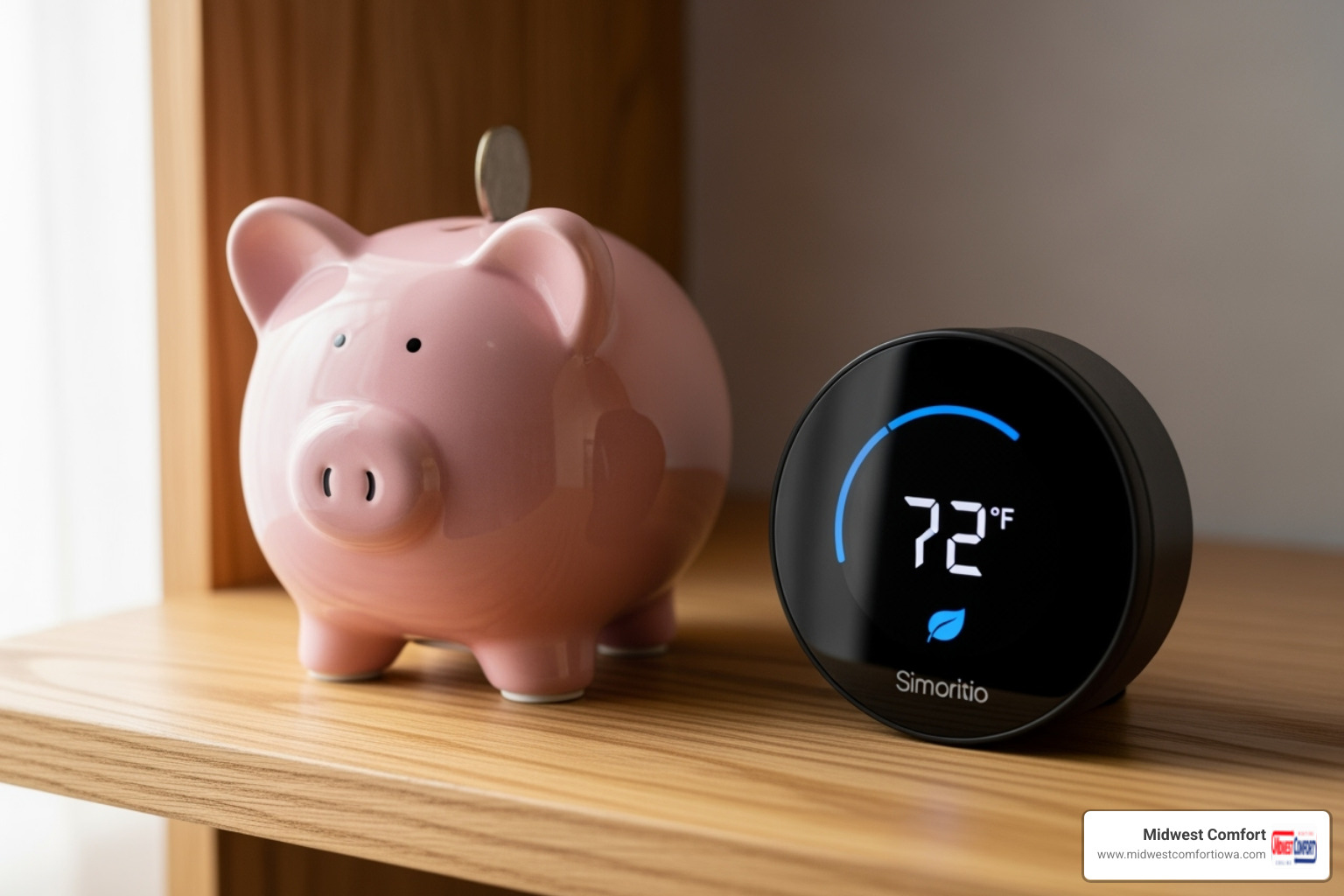 piggy bank next to a smart thermostat - energy audit near me des moines