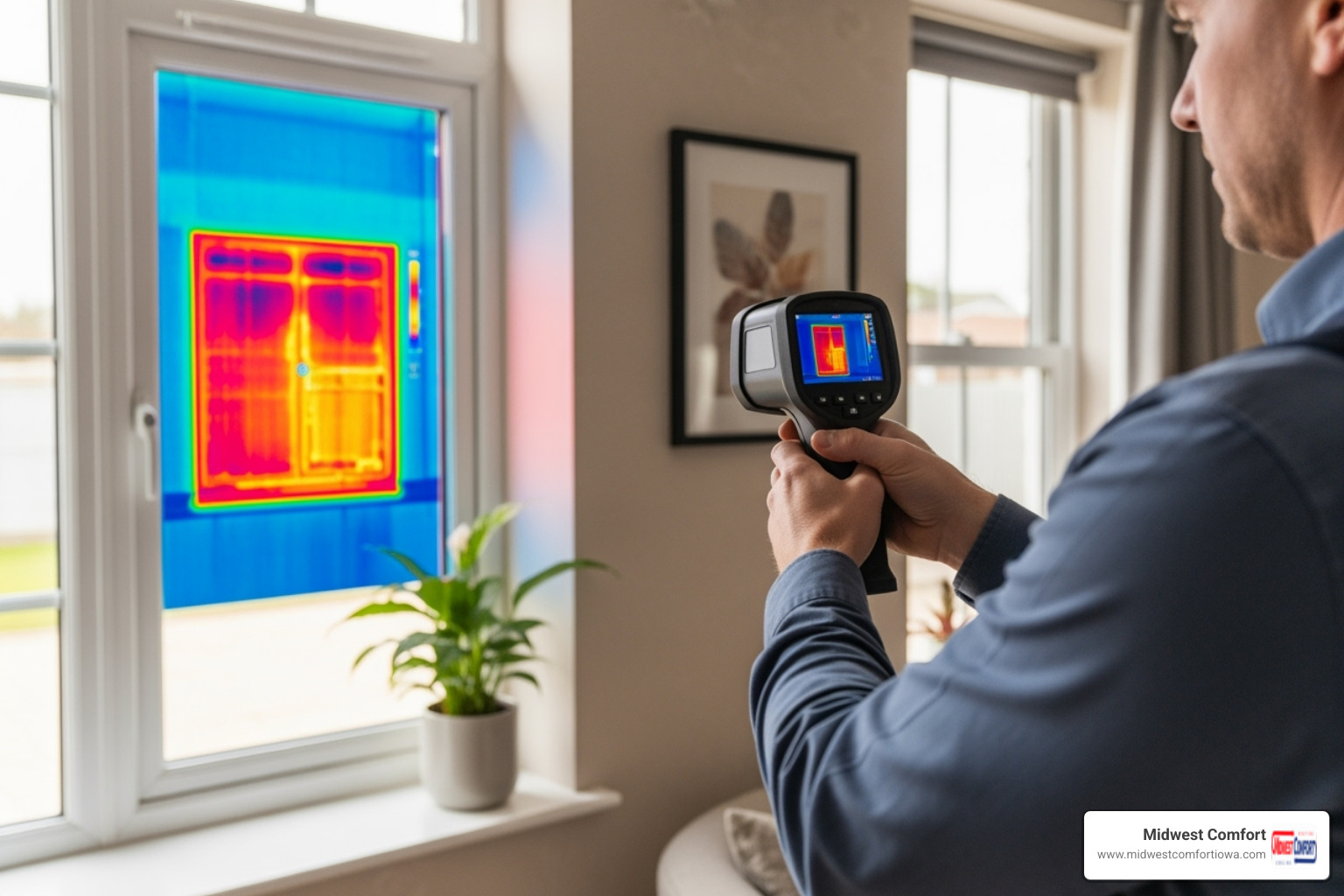 technician using an infrared camera to show heat loss around a window - energy audit near me des moines