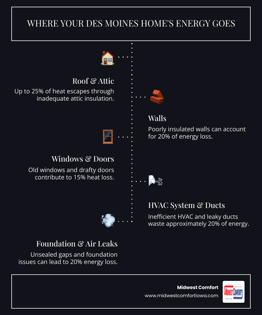 infographic showing primary sources of home energy loss including percentages for windows, roof and attic, walls, foundation, and HVAC system inefficiencies in a typical Des Moines home - energy efficiency upgrade des moines infographic infographic-line-5-steps-dark infographic showing primary sources of home energy loss including percentages for windows, roof and attic, walls, foundation, and HVAC system inefficiencies in a typical Des Moines home - energy efficiency upgrade des moines infographic infographic-line-5-steps-dark