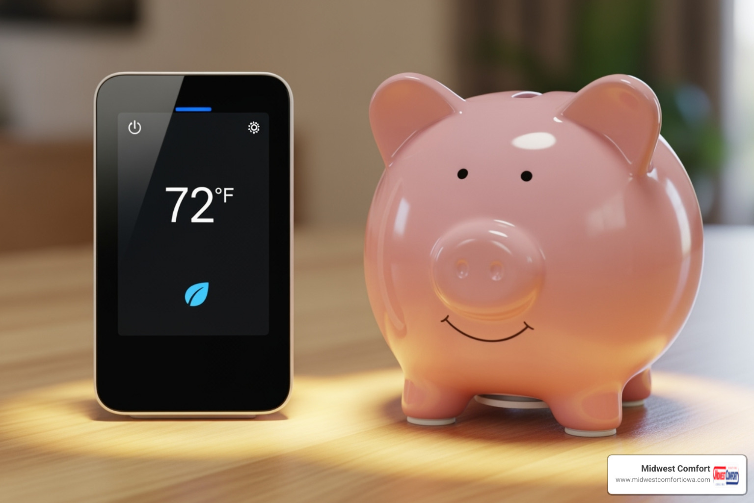 A stylized image of a piggy bank next to a modern smart thermostat, symbolizing cost savings through energy efficiency - energy saving hvac des moines A stylized image of a piggy bank next to a modern smart thermostat, symbolizing cost savings through energy efficiency - energy saving hvac des moines
