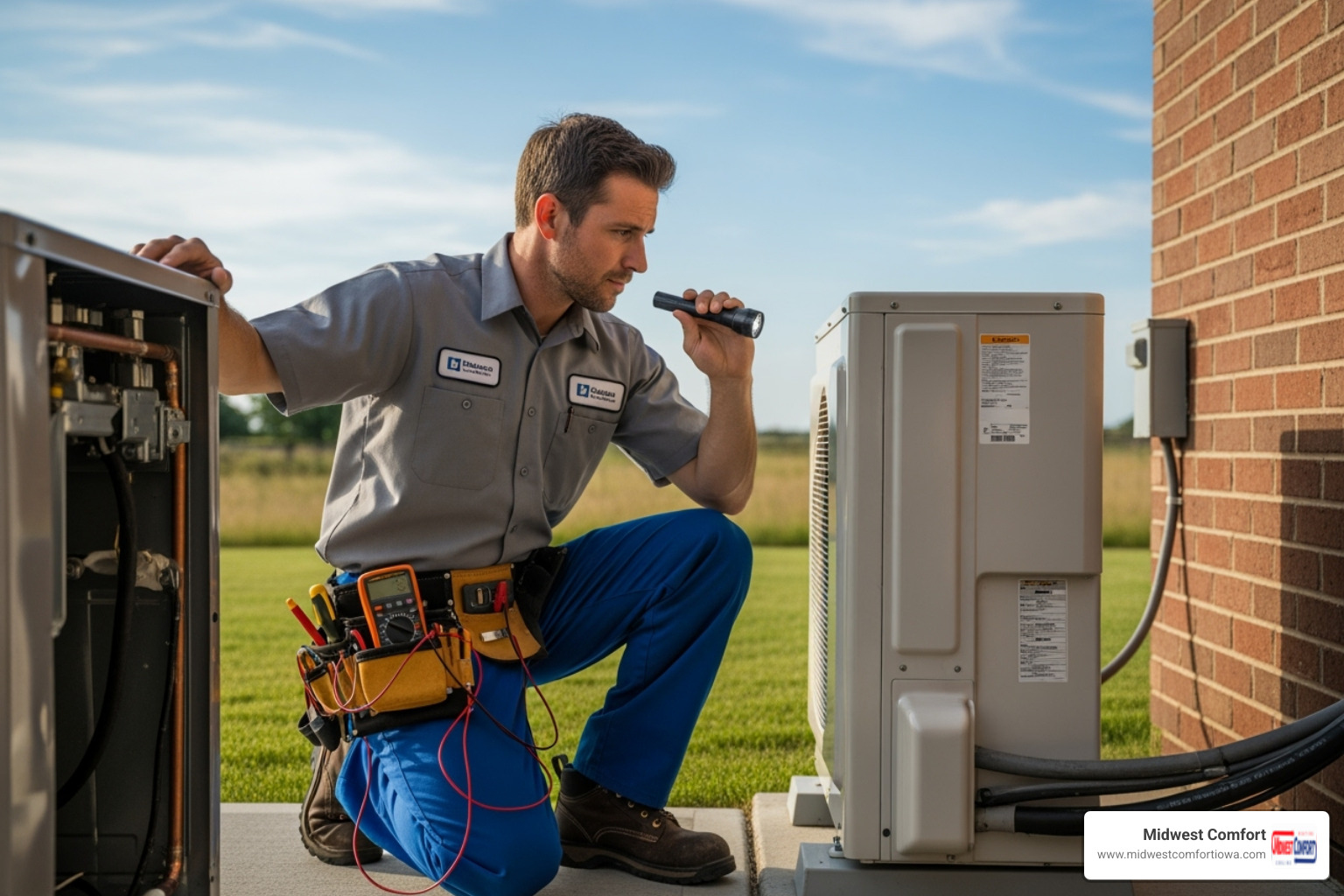 A professional HVAC technician meticulously inspecting an outdoor air conditioning unit, emphasizing attention to detail and expertise - energy saving hvac des moines A professional HVAC technician meticulously inspecting an outdoor air conditioning unit, emphasizing attention to detail and expertise - energy saving hvac des moines