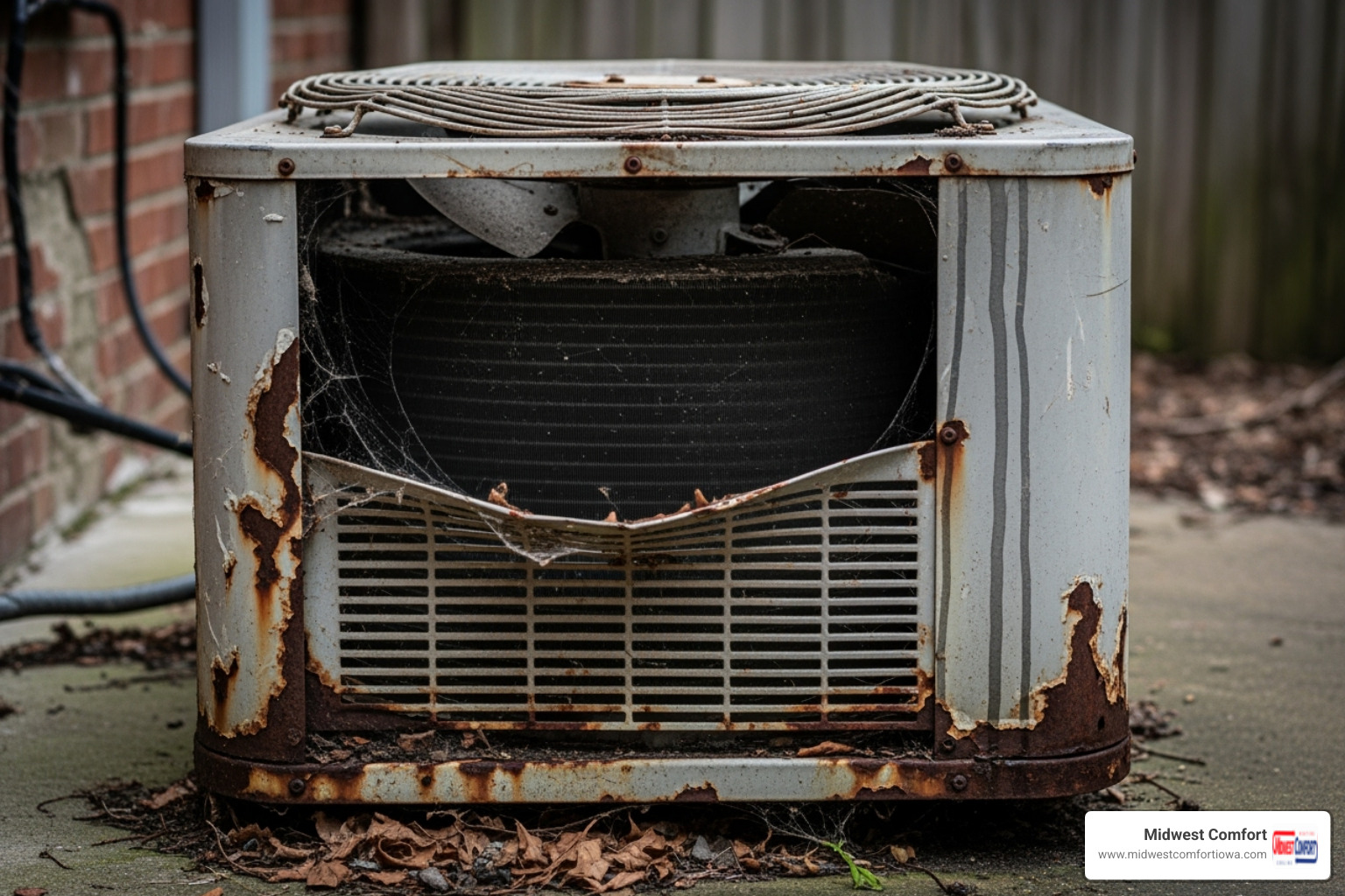 An old, weathered outdoor AC unit with visible rust and signs of disrepair, symbolizing inefficiency and the need for an upgrade - energy saving hvac des moines An old, weathered outdoor AC unit with visible rust and signs of disrepair, symbolizing inefficiency and the need for an upgrade - energy saving hvac des moines