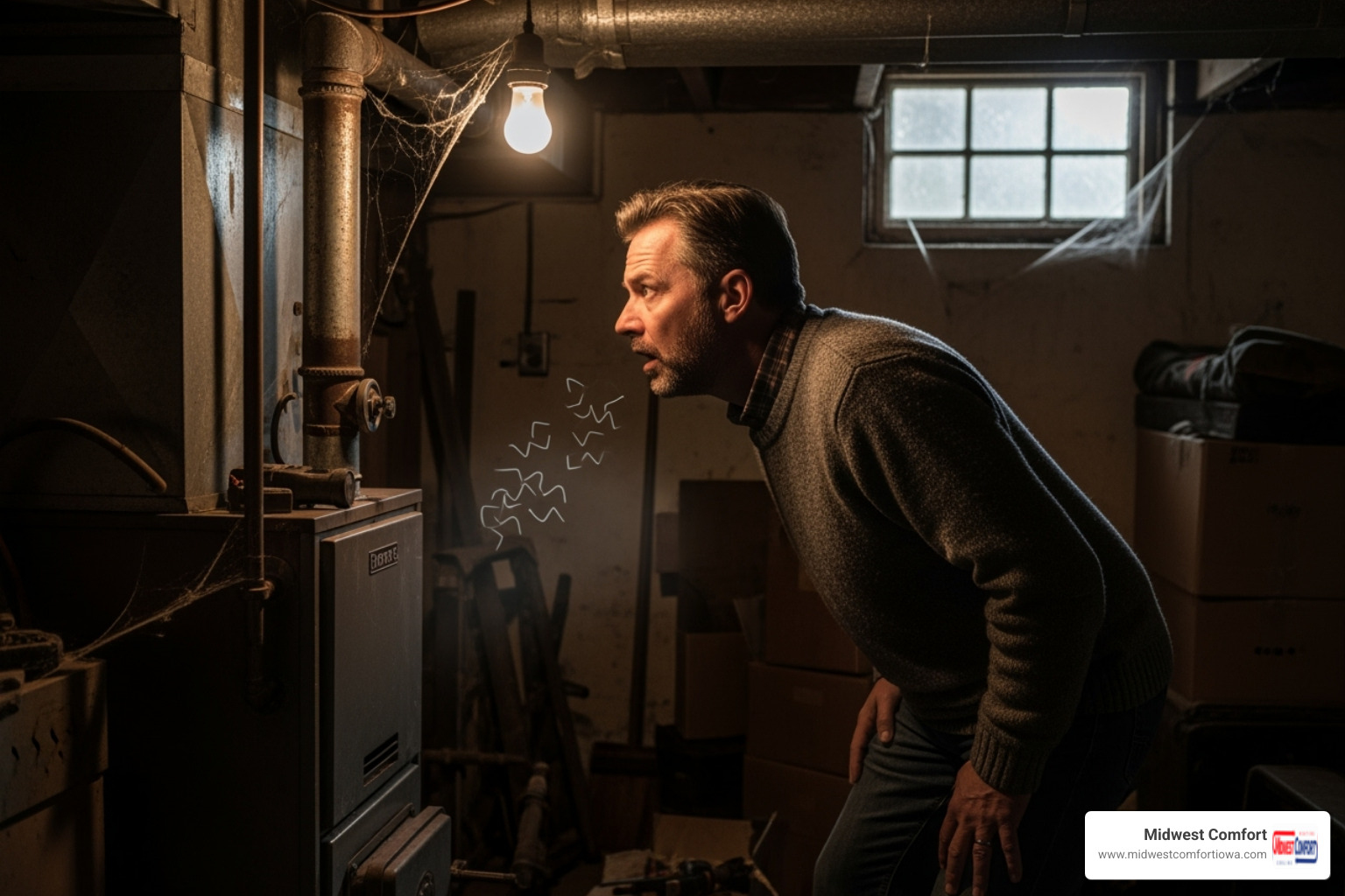 A homeowner with a worried expression, listening intently to a strange or unusual noise emanating from their furnace in a dimly lit basement or utility room - furnace tune up des moines A homeowner with a worried expression, listening intently to a strange or unusual noise emanating from their furnace in a dimly lit basement or utility room - furnace tune up des moines