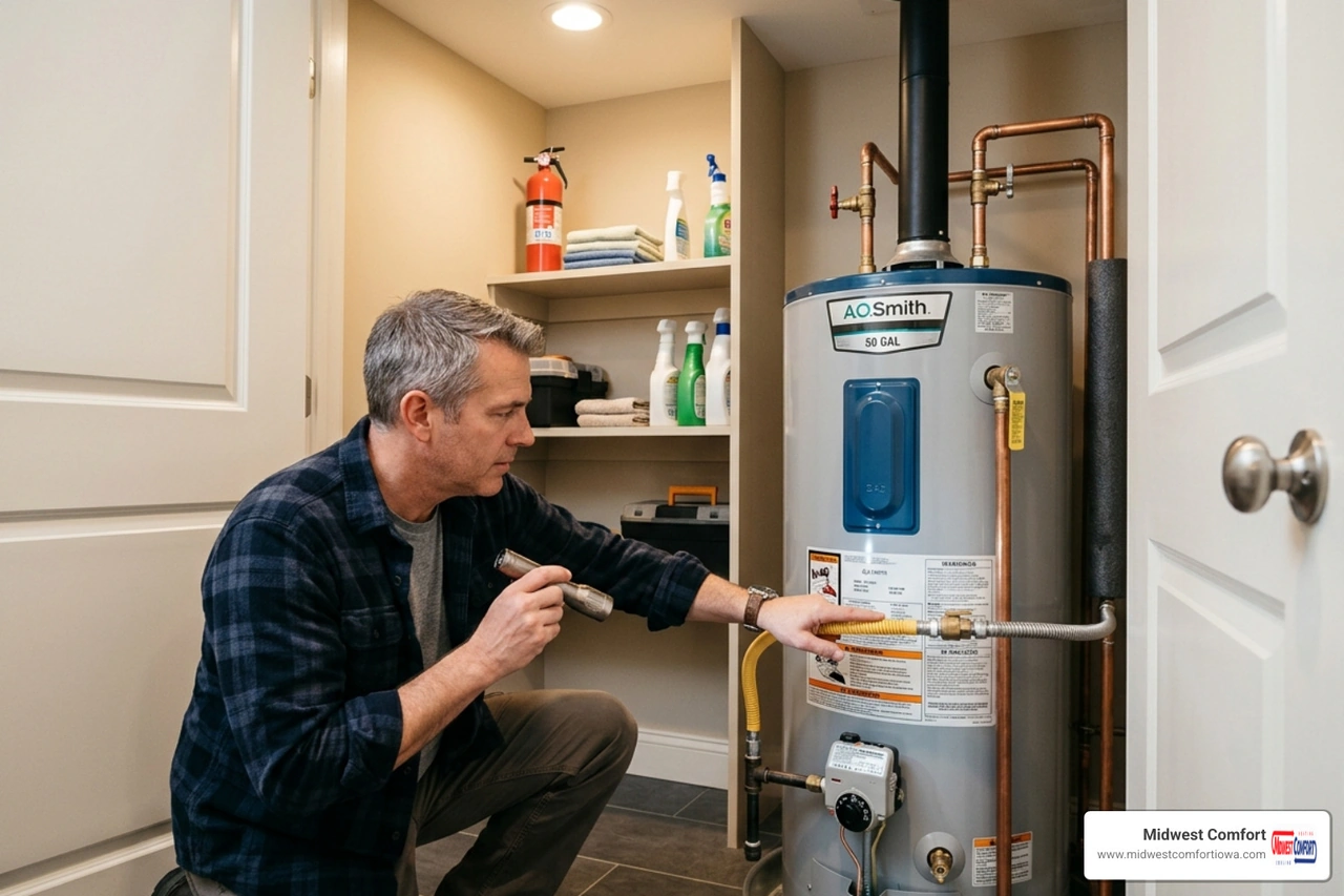 Homeowner inspecting a utility closet in an Ankeny home - gas vs electric water heater comparison for homeowners Homeowner inspecting a utility closet in an Ankeny home - gas vs electric water heater comparison for homeowners