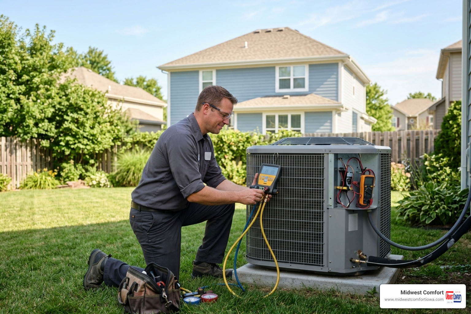 Technician inspecting an outdoor heat pump unit in a Des Moines backyard - heat pump maintenance checklist for each season