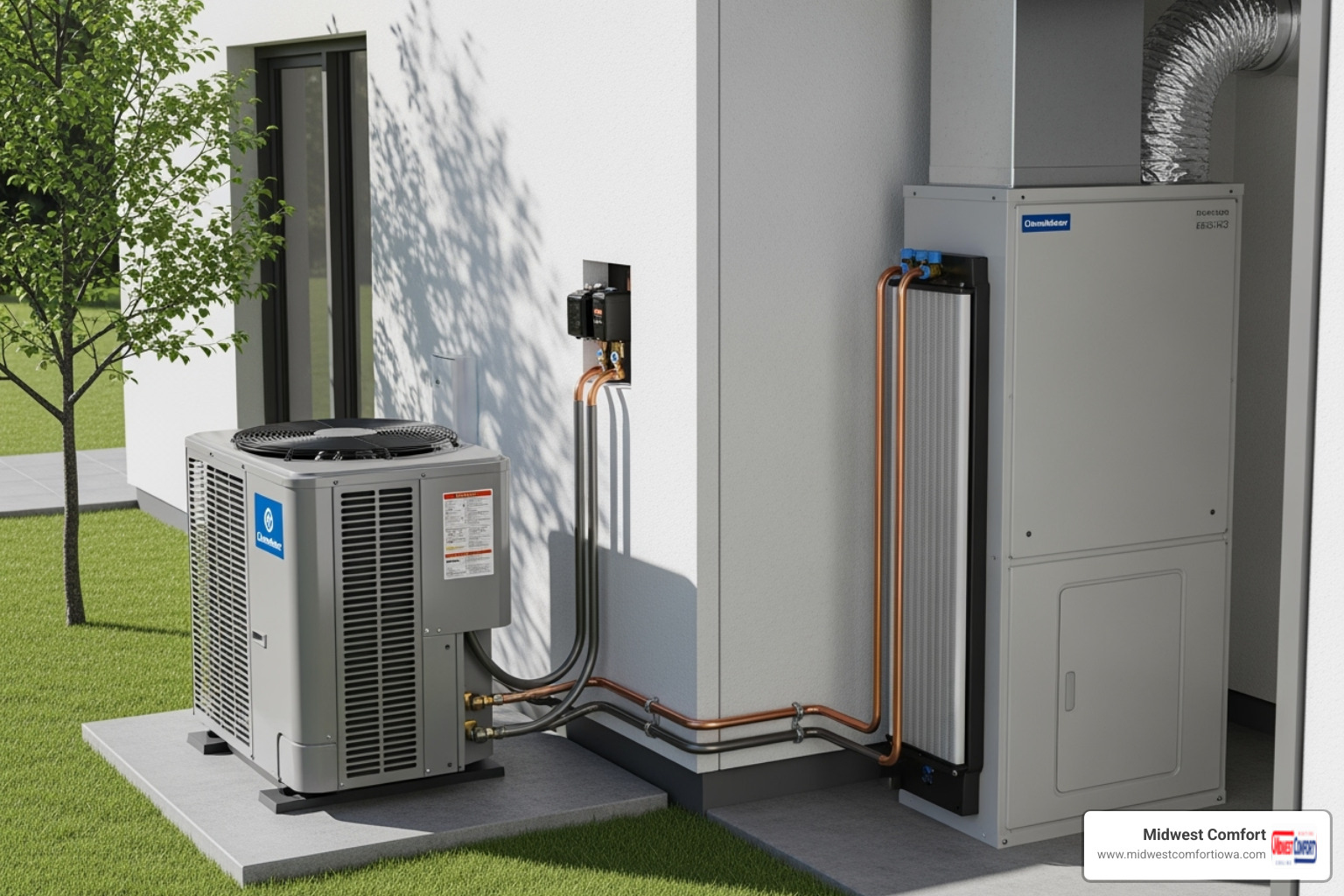 Components of a Fraser-Johnston split system heat pump, including the outdoor compressor/condenser unit, indoor air handler/evaporator coil, and connecting refrigerant lines - heat pump service johnston Components of a Fraser-Johnston split system heat pump, including the outdoor compressor/condenser unit, indoor air handler/evaporator coil, and connecting refrigerant lines - heat pump service johnston