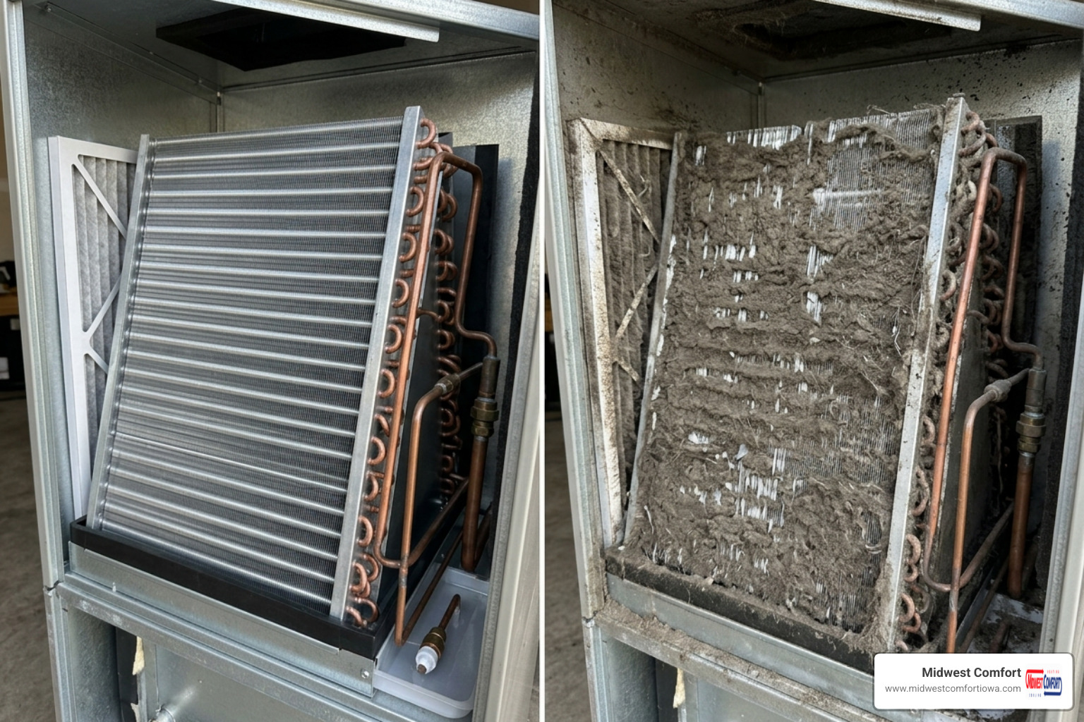 Comparison of a clean evaporator coil versus a dirty, neglected coil to show airflow restriction - how a tune up improves Comparison of a clean evaporator coil versus a dirty, neglected coil to show airflow restriction - how a tune up improves
