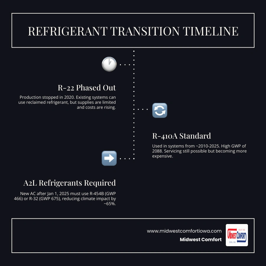 Timeline infographic showing the refrigerant transition from R-22 to R-410A to A2L refrigerants R-454B and R-32 infographic Timeline infographic showing the refrigerant transition from R-22 to R-410A to A2L refrigerants R-454B and R-32 infographic