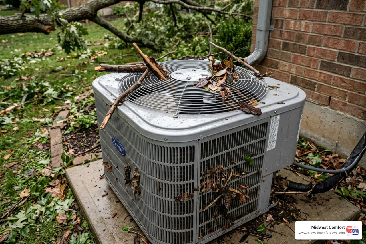 debris and branches lodged in an AC condenser unit after a storm - how hail and severe storms affect your outdoor unit debris and branches lodged in an AC condenser unit after a storm - how hail and severe storms affect your outdoor unit
