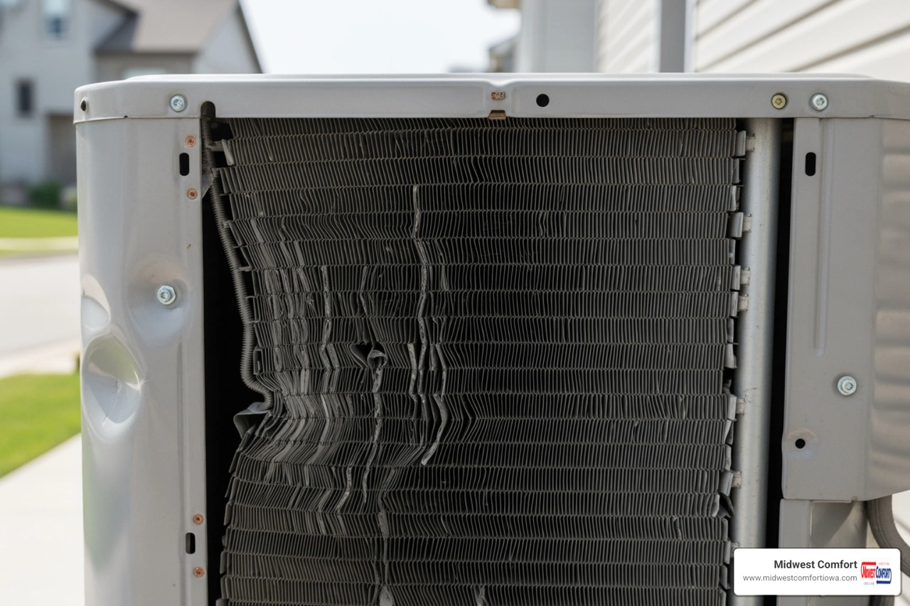 hail-damaged outdoor AC unit with flattened aluminum fins hail-damaged outdoor AC unit with flattened aluminum fins