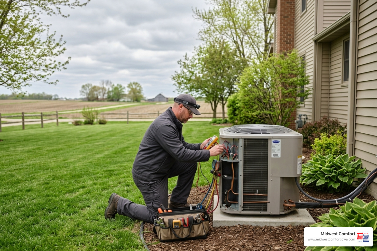 HVAC technician inspecting an outdoor heat pump unit in Iowa - how proper maintenance extends heat pump lifespan HVAC technician inspecting an outdoor heat pump unit in Iowa - how proper maintenance extends heat pump lifespan