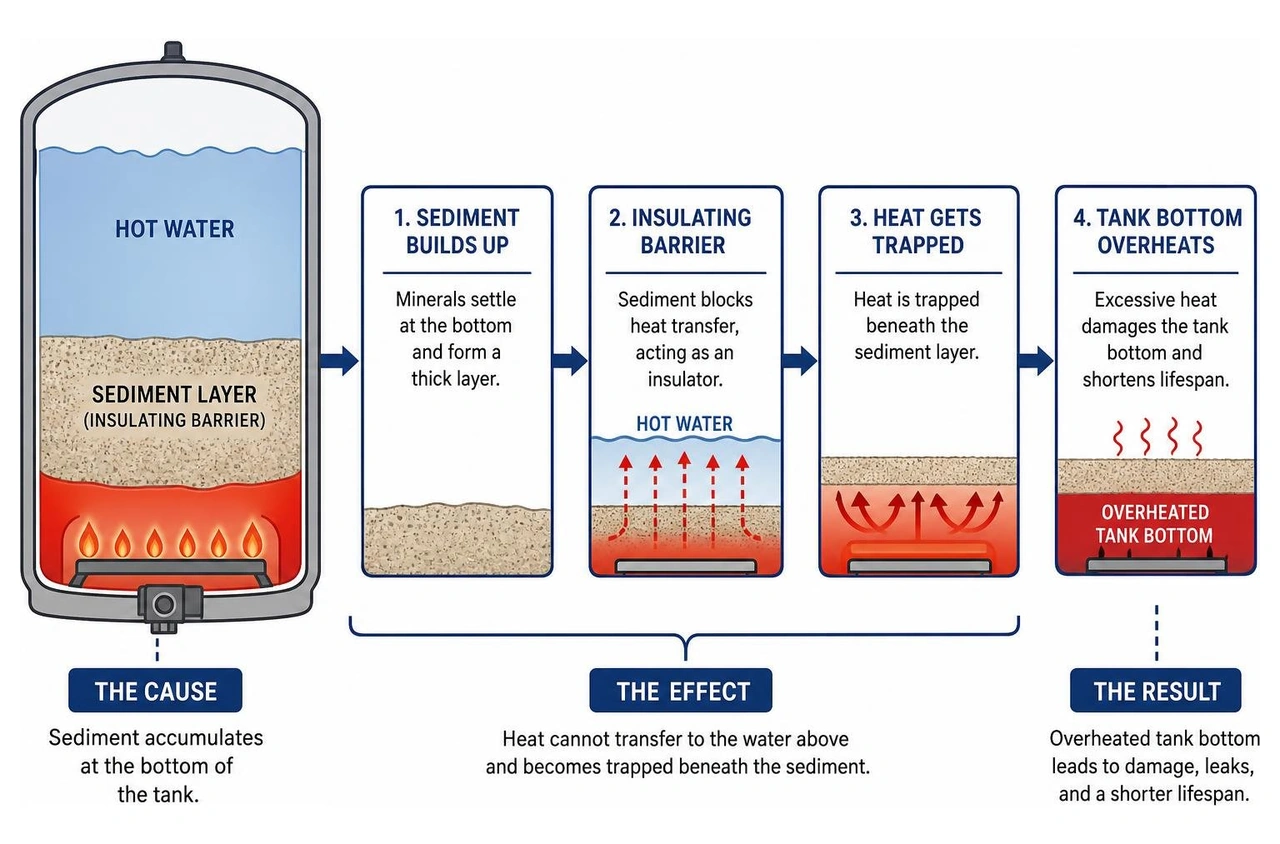 Diagram showing how sediment acts as an insulating barrier, trapping heat and causing the tank bottom to overheat Diagram showing how sediment acts as an insulating barrier, trapping heat and causing the tank bottom to overheat