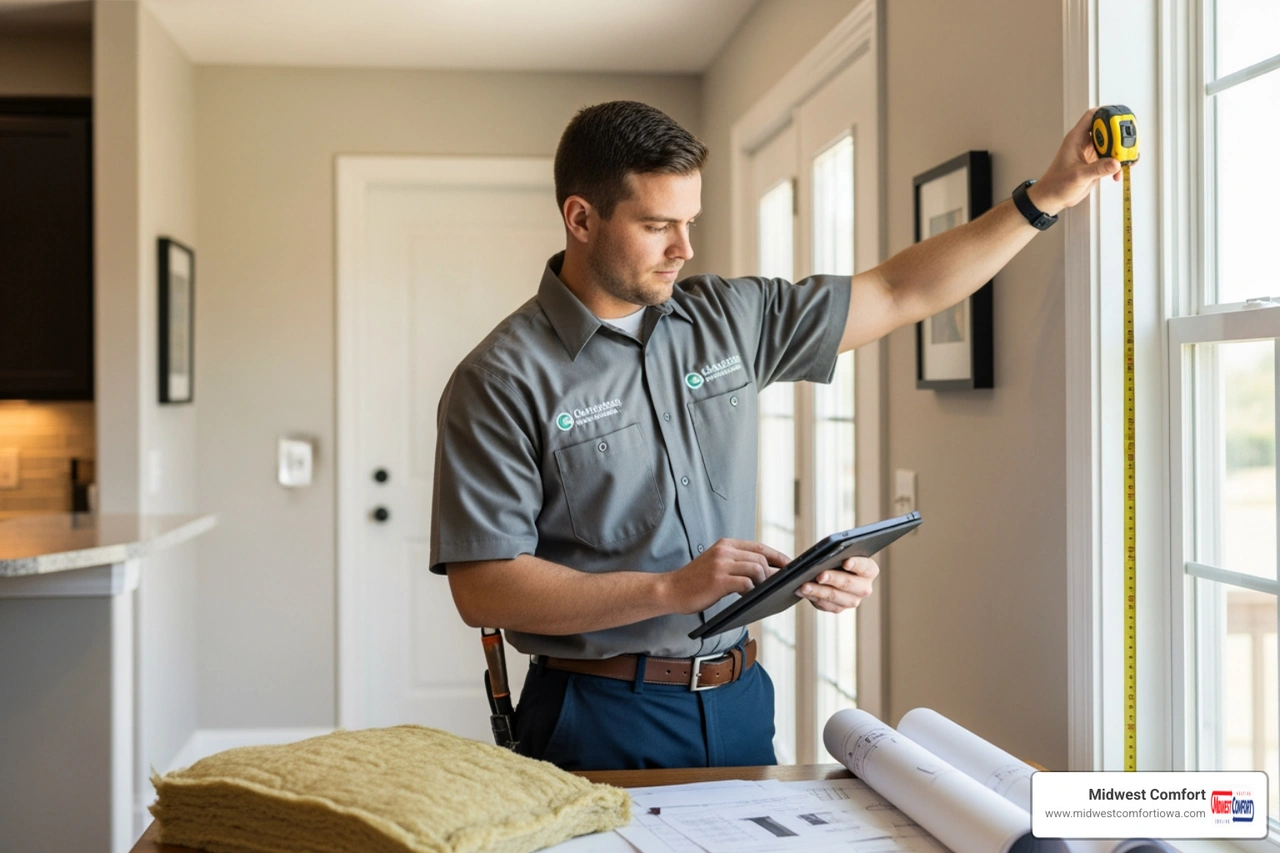 Technician performing a detailed HVAC load calculation in a residential home Technician performing a detailed HVAC load calculation in a residential home