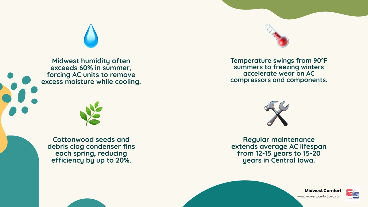 Infographic showing Midwest AC lifespan factors: humidity, maintenance frequency, filter changes, thermostat settings, and Infographic showing Midwest AC lifespan factors: humidity, maintenance frequency, filter changes, thermostat settings, and