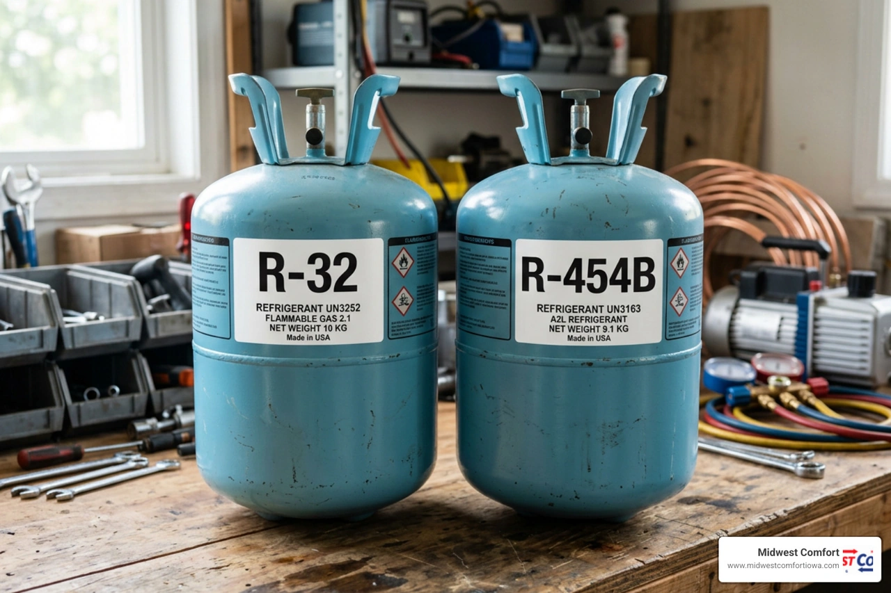 low-GWP refrigerant cylinders labeled R-32 and R-454B