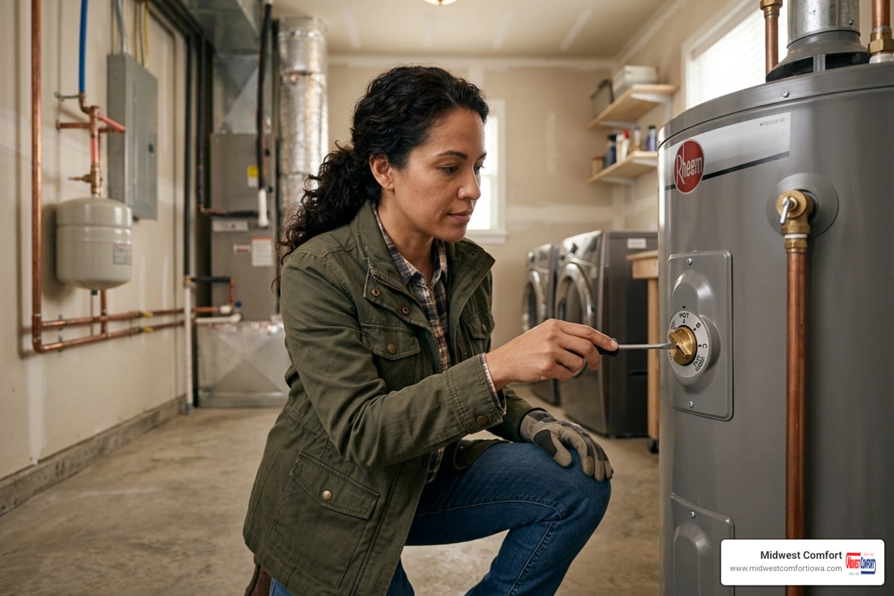 homeowner adjusting a water heater dial - how to set the right temperature on your water heater