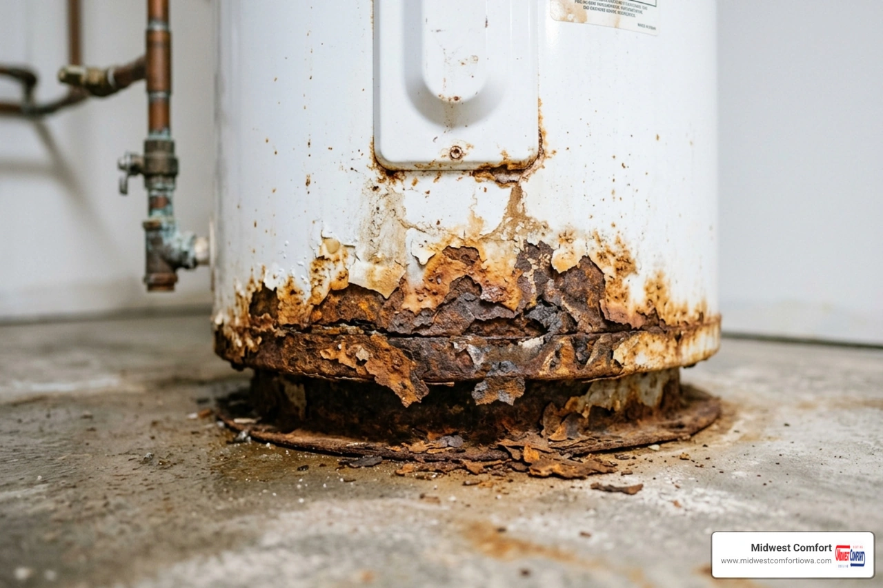 Close-up of heavy rust and corrosion on the bottom seam of a water heater tank - how water heater overflow and leaks cause