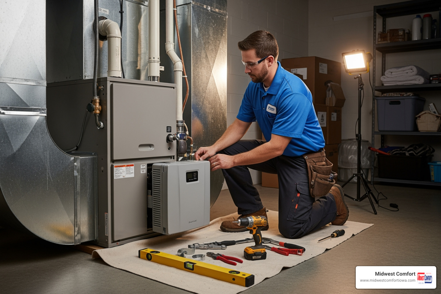 technician professionally installing a humidifier on a furnace - humidifier installation altoona technician professionally installing a humidifier on a furnace - humidifier installation altoona