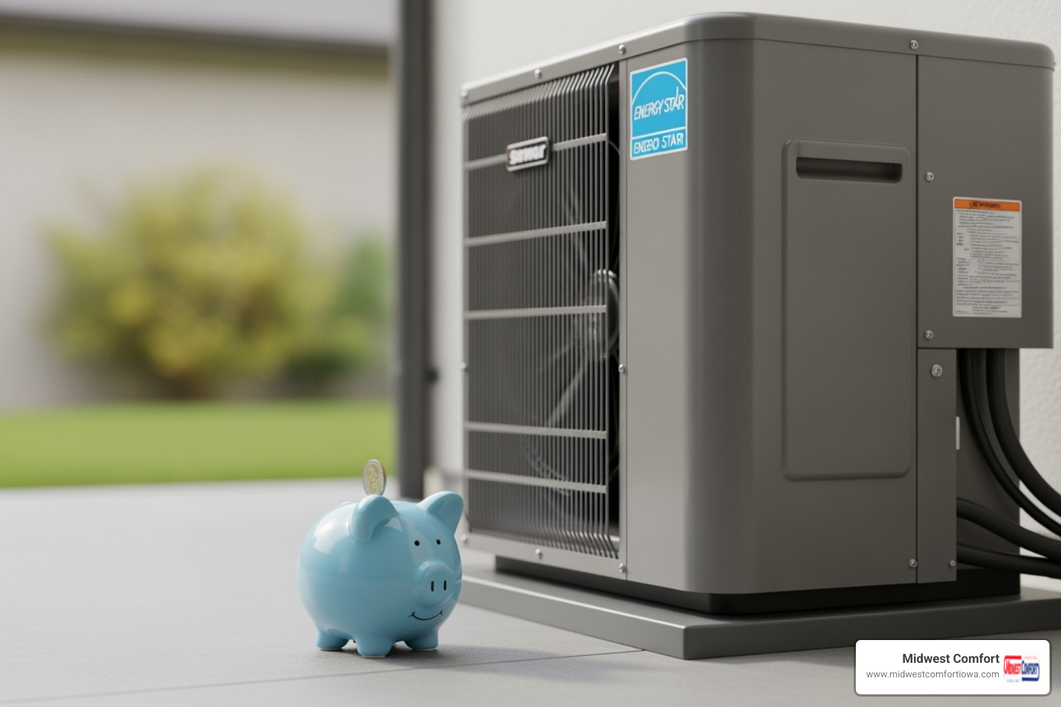 Piggy bank next to an energy-efficient HVAC unit - hvac inspection waukee