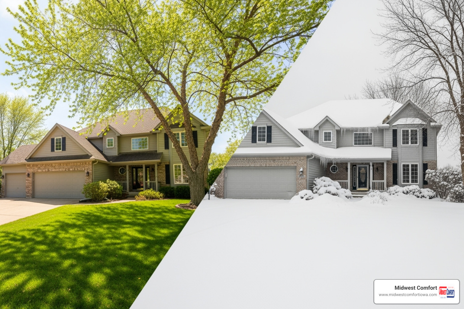 split view of a Des Moines home in summer and winter - hvac maintenance des moines split view of a Des Moines home in summer and winter - hvac maintenance des moines