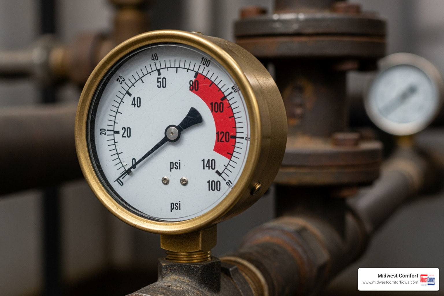of a boiler pressure gauge in the red zone - "I need a trustworthy technician for boiler repair in Des Moines." of a boiler pressure gauge in the red zone - "I need a trustworthy technician for boiler repair in Des Moines."