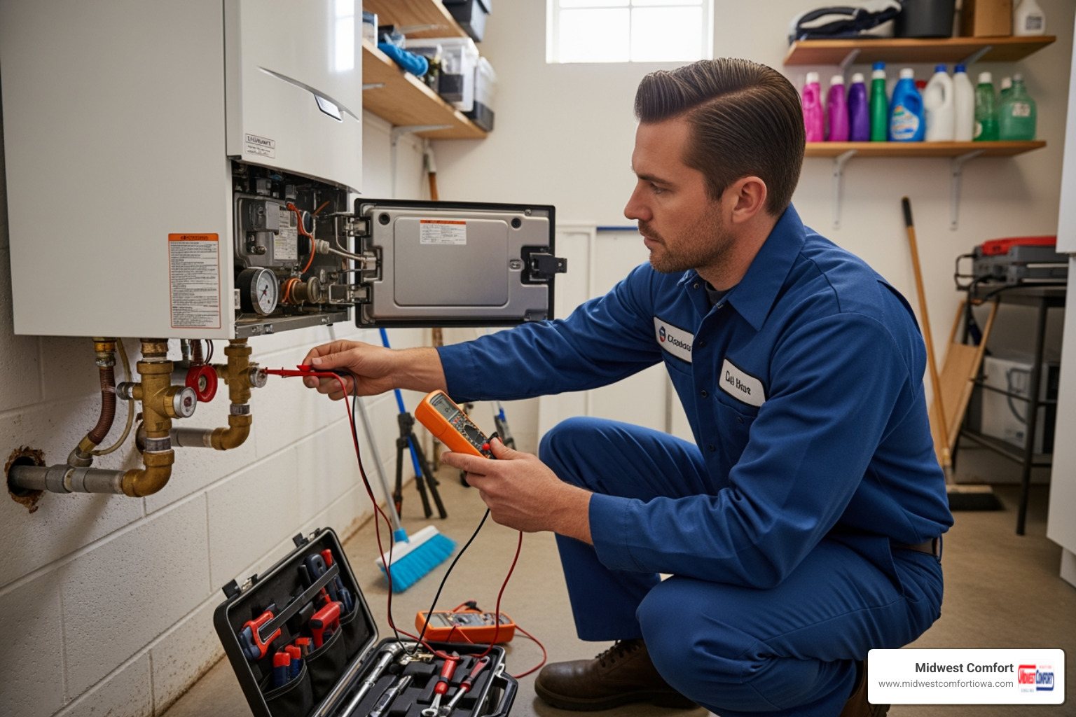 of a technician performing annual boiler maintenance - "I need a trustworthy technician for boiler repair in Des Moines." of a technician performing annual boiler maintenance - "I need a trustworthy technician for boiler repair in Des Moines."