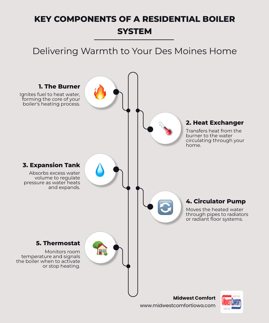infographic showing the key components of a residential boiler system including the burner, heat exchanger, expansion tank, circulator pump, and thermostat, with arrows indicating how water flows through the system to deliver heat throughout a Des Moines home - "I need a trustworthy technician for boiler repair in Des Moines." infographic infographic-line-5-steps-elegant_beige infographic showing the key components of a residential boiler system including the burner, heat exchanger, expansion tank, circulator pump, and thermostat, with arrows indicating how water flows through the system to deliver heat throughout a Des Moines home - "I need a trustworthy technician for boiler repair in Des Moines." infographic infographic-line-5-steps-elegant_beige