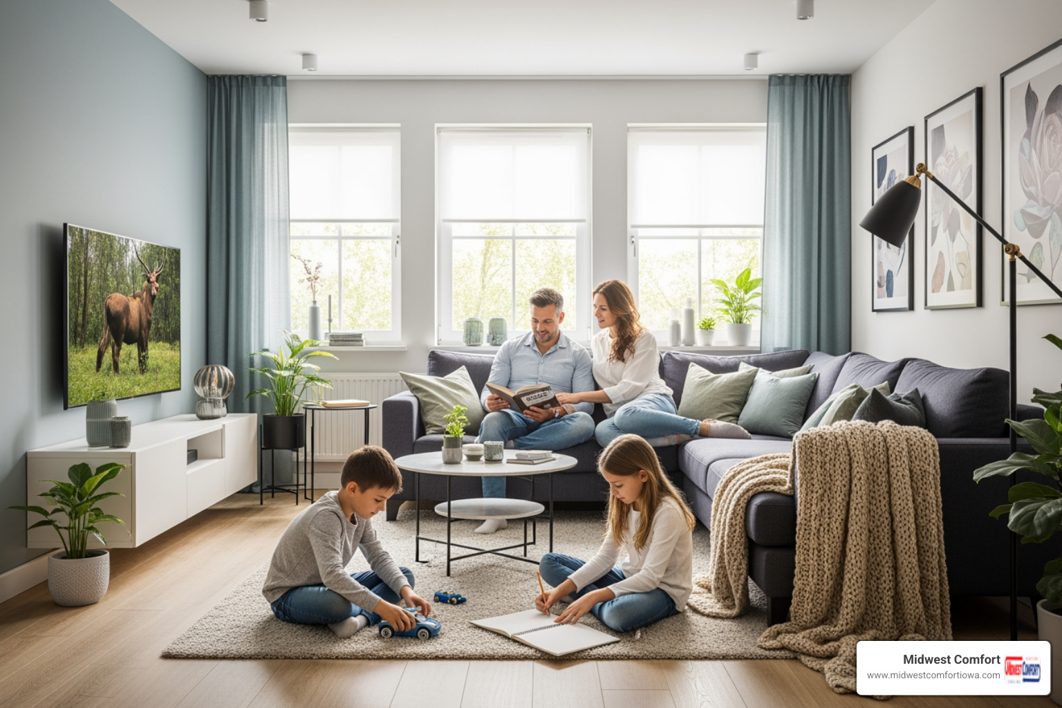 family relaxing comfortably - I need to find a reliable company for heat pump installation in Des Moines. family relaxing comfortably - I need to find a reliable company for heat pump installation in Des Moines.