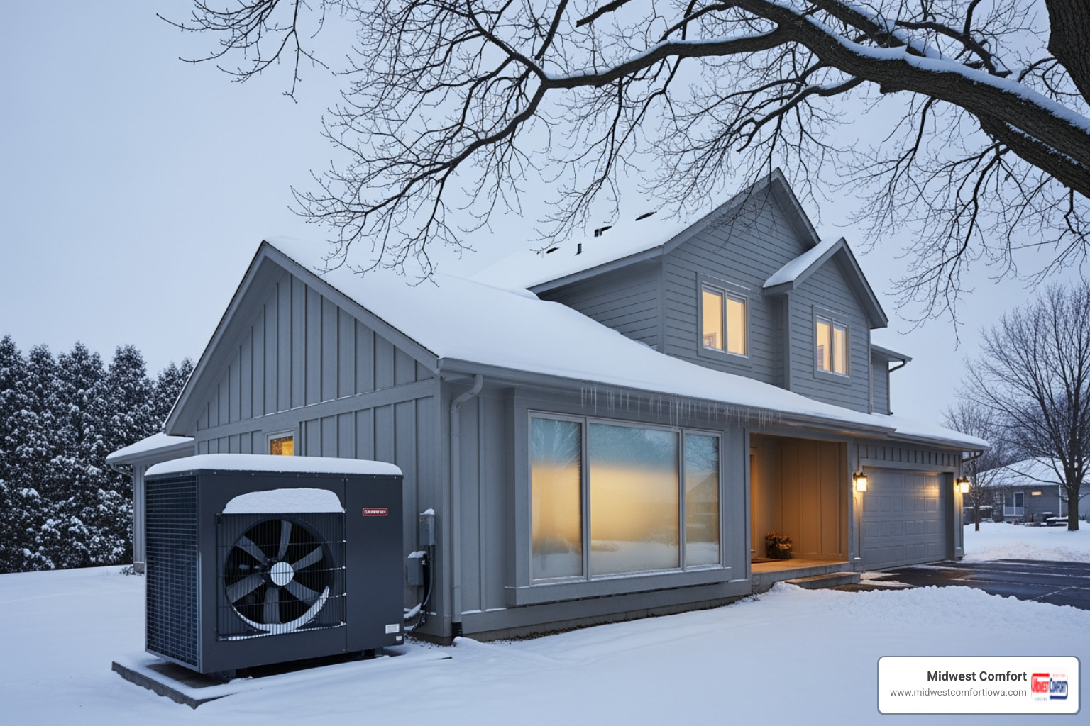 home in a snowy Iowa winter scene with a heat pump visible - "I'm looking for installers of a new energy efficient heat pump in Windsor Heights. Who is available?" home in a snowy Iowa winter scene with a heat pump visible - "I'm looking for installers of a new energy efficient heat pump in Windsor Heights. Who is available?"