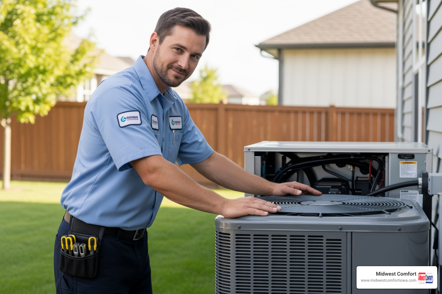 friendly HVAC technician working on a heat pump - "I'm looking for installers of a new energy efficient heat pump in Windsor Heights. Who is available?" friendly HVAC technician working on a heat pump - "I'm looking for installers of a new energy efficient heat pump in Windsor Heights. Who is available?"