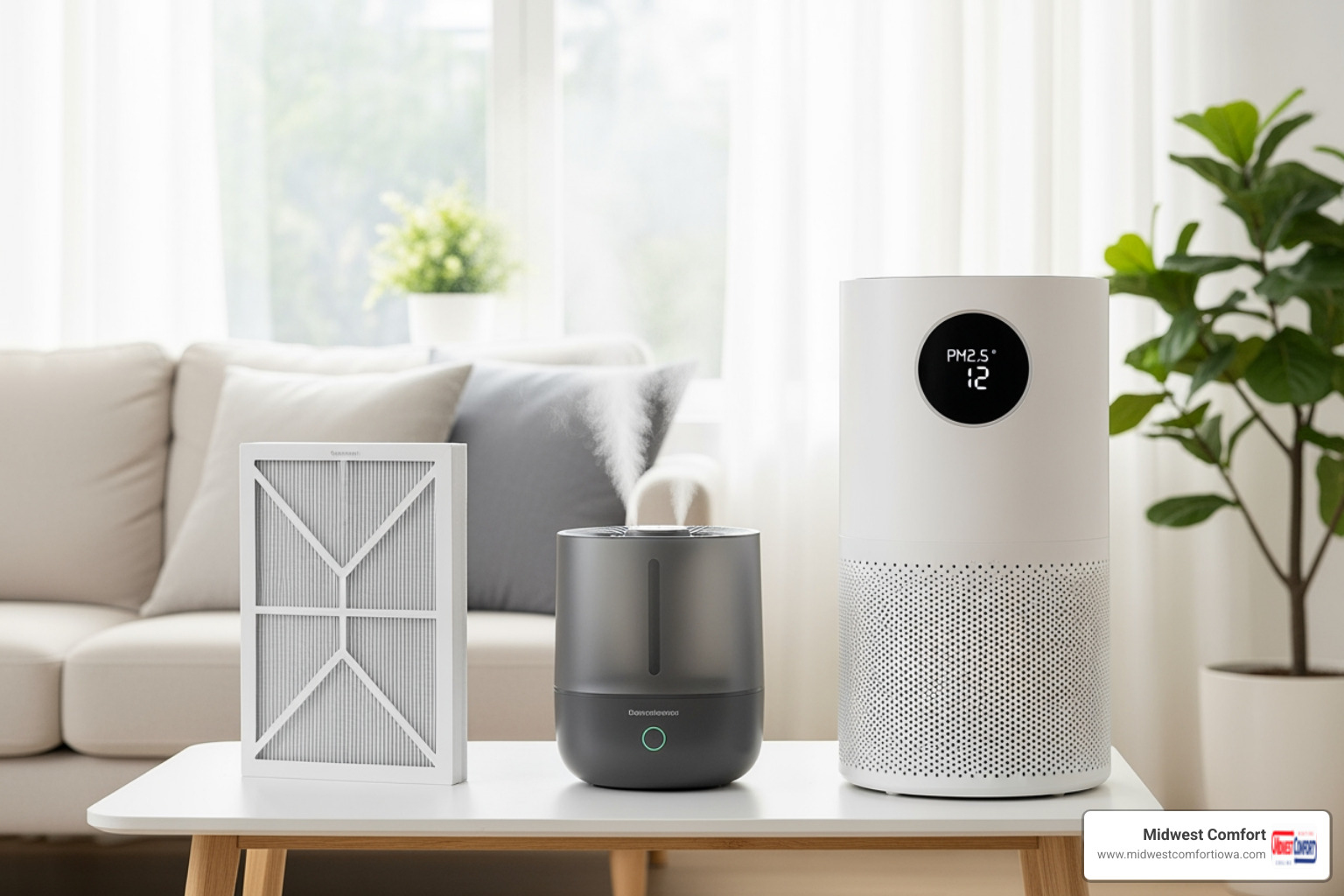 of various IAQ products like an air purifier, humidifier, and clean air filter - indoor air services polk city