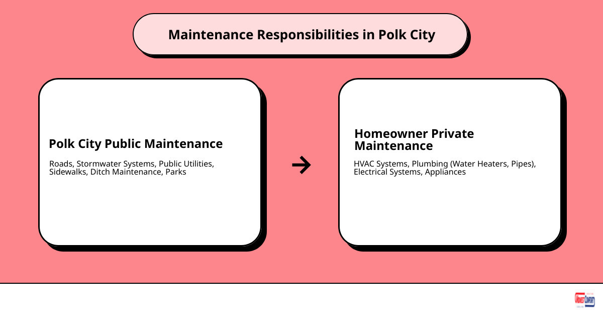 Infographic showing the difference between public infrastructure maintenance responsibilities like roads stormwater and sidewalks maintained by Polk City versus private home system maintenance responsibilities like HVAC plumbing and electrical maintained by homeowners with icons for each category - maintenance plan polk city infographic cause_effect_text Infographic showing the difference between public infrastructure maintenance responsibilities like roads stormwater and sidewalks maintained by Polk City versus private home system maintenance responsibilities like HVAC plumbing and electrical maintained by homeowners with icons for each category - maintenance plan polk city infographic cause_effect_text