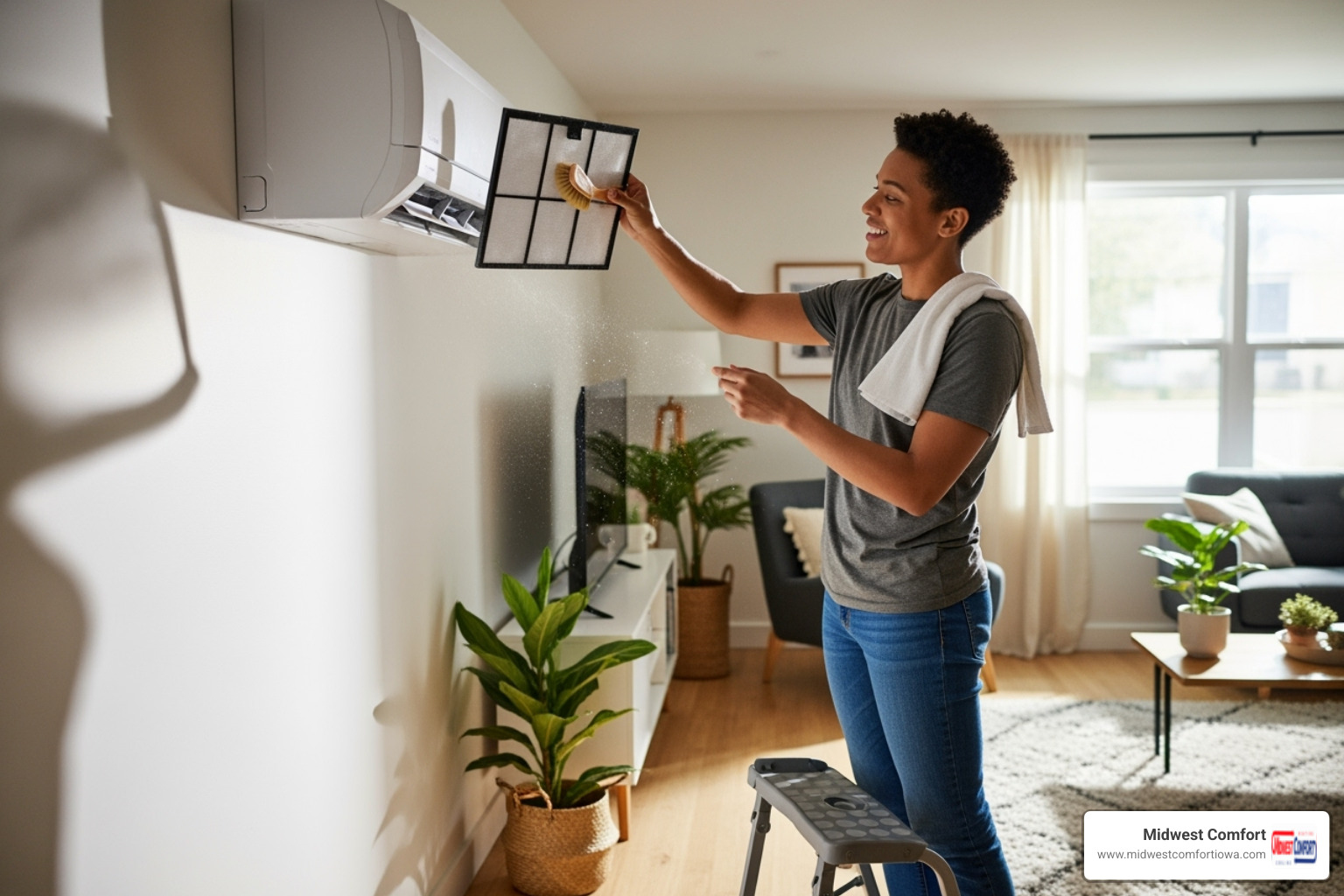 homeowner easily cleaning the filter of their indoor mini split unit - mini split service windsor heights homeowner easily cleaning the filter of their indoor mini split unit - mini split service windsor heights