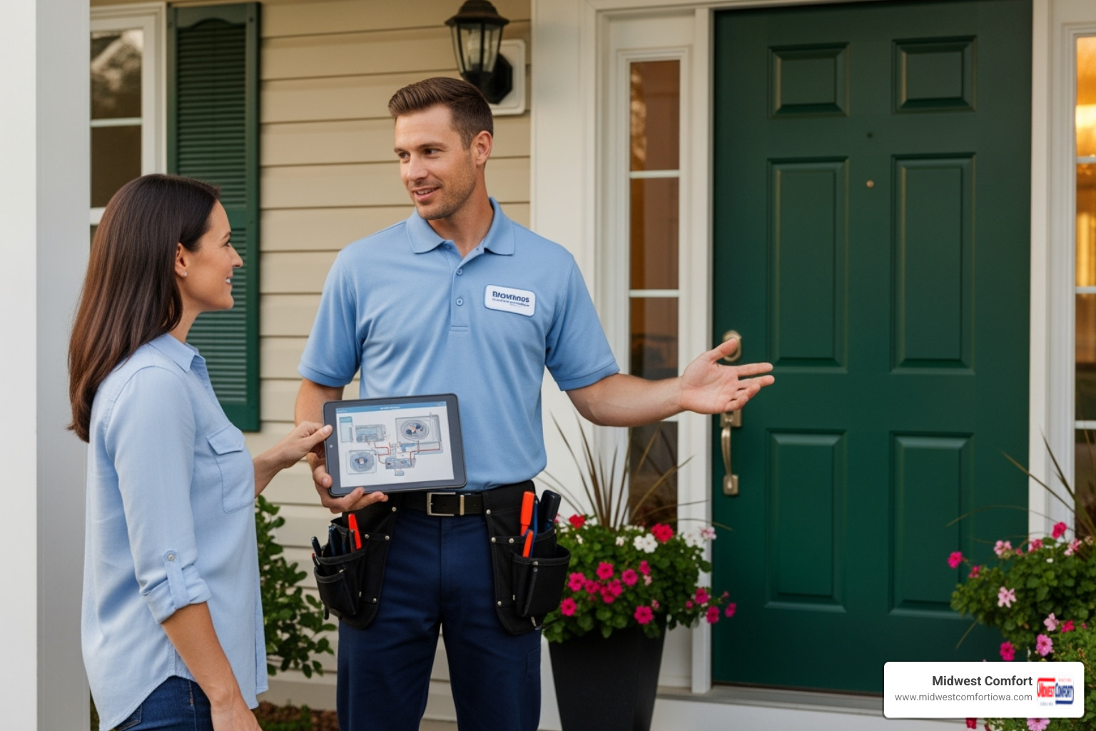 friendly, uniformed HVAC technician discussing options with a homeowner at their front door - mini split service windsor heights friendly, uniformed HVAC technician discussing options with a homeowner at their front door - mini split service windsor heights