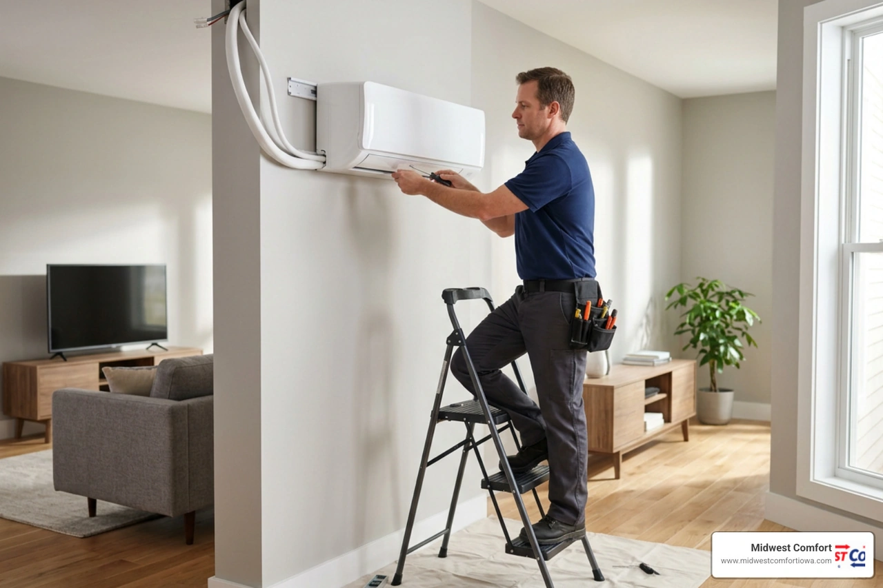 Professional technician installing a ductless mini split indoor unit on a living room wall Professional technician installing a ductless mini split indoor unit on a living room wall