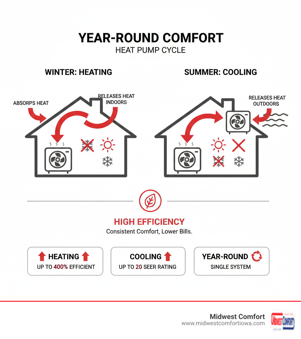 infographic showing heat pump heating and cooling cycle with arrows indicating heat transfer in winter and summer, efficiency ratings, and year-round operation - residential heat pump altoona infographic infographic showing heat pump heating and cooling cycle with arrows indicating heat transfer in winter and summer, efficiency ratings, and year-round operation - residential heat pump altoona infographic