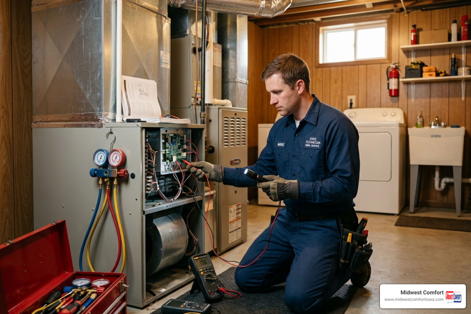 HVAC technician performing an urgent diagnostic on a failed AC unit in a Dallas Center home - 24 hour ac installation in HVAC technician performing an urgent diagnostic on a failed AC unit in a Dallas Center home - 24 hour ac installation in