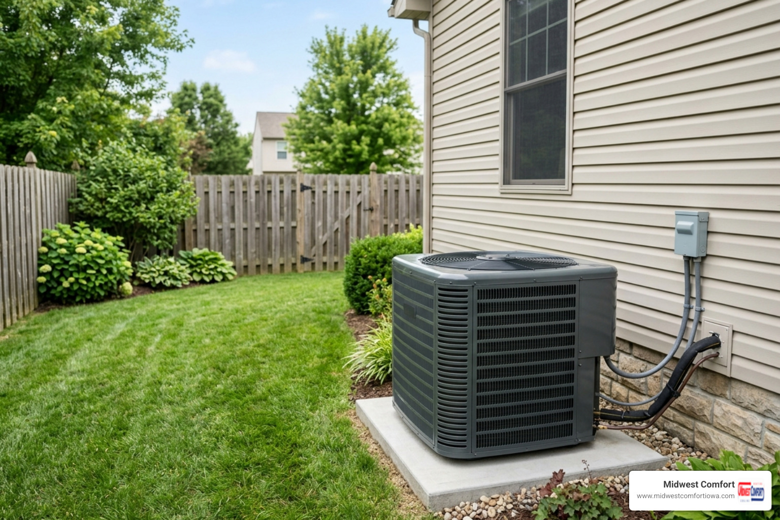 A high-efficiency exterior AC unit installed neatly on a level pad behind a residential home - 24 hour ac installation in A high-efficiency exterior AC unit installed neatly on a level pad behind a residential home - 24 hour ac installation in
