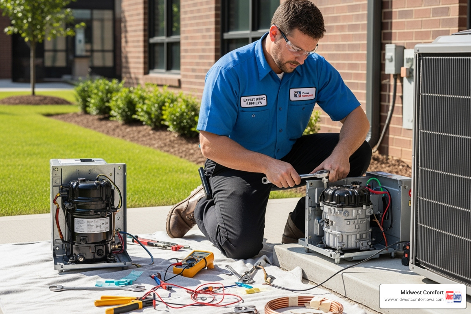 technician performing a complex and costly AC compressor replacement - urgent cooling repair polk city technician performing a complex and costly AC compressor replacement - urgent cooling repair polk city