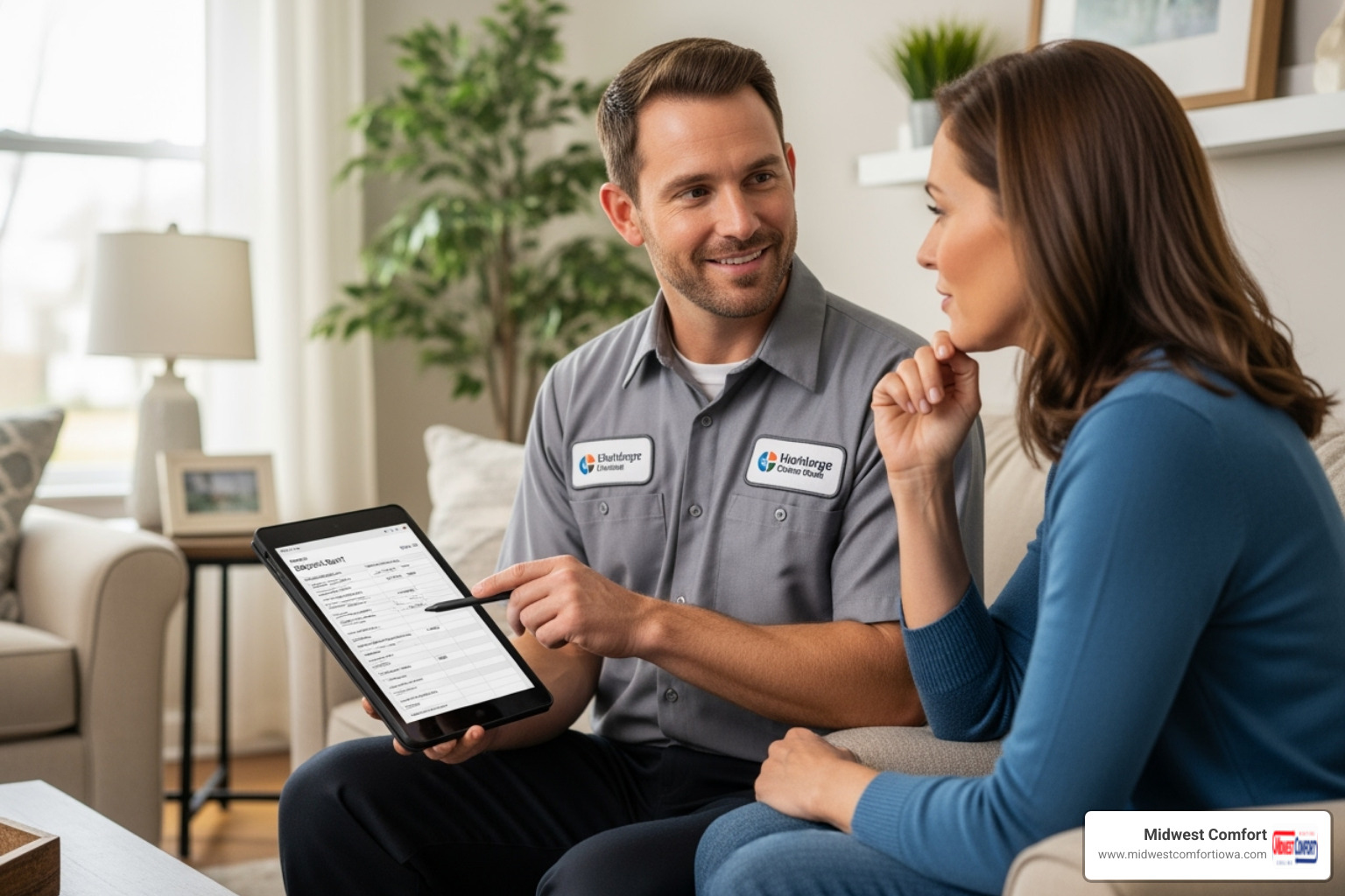 friendly technician explaining a diagnostic report to a homeowner - urgent cooling repair polk city friendly technician explaining a diagnostic report to a homeowner - urgent cooling repair polk city