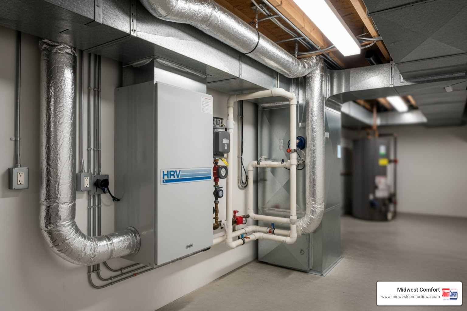 a Heat Recovery Ventilator (HRV) unit installed in a basement or utility room - ventilation installation windsor heights a Heat Recovery Ventilator (HRV) unit installed in a basement or utility room - ventilation installation windsor heights