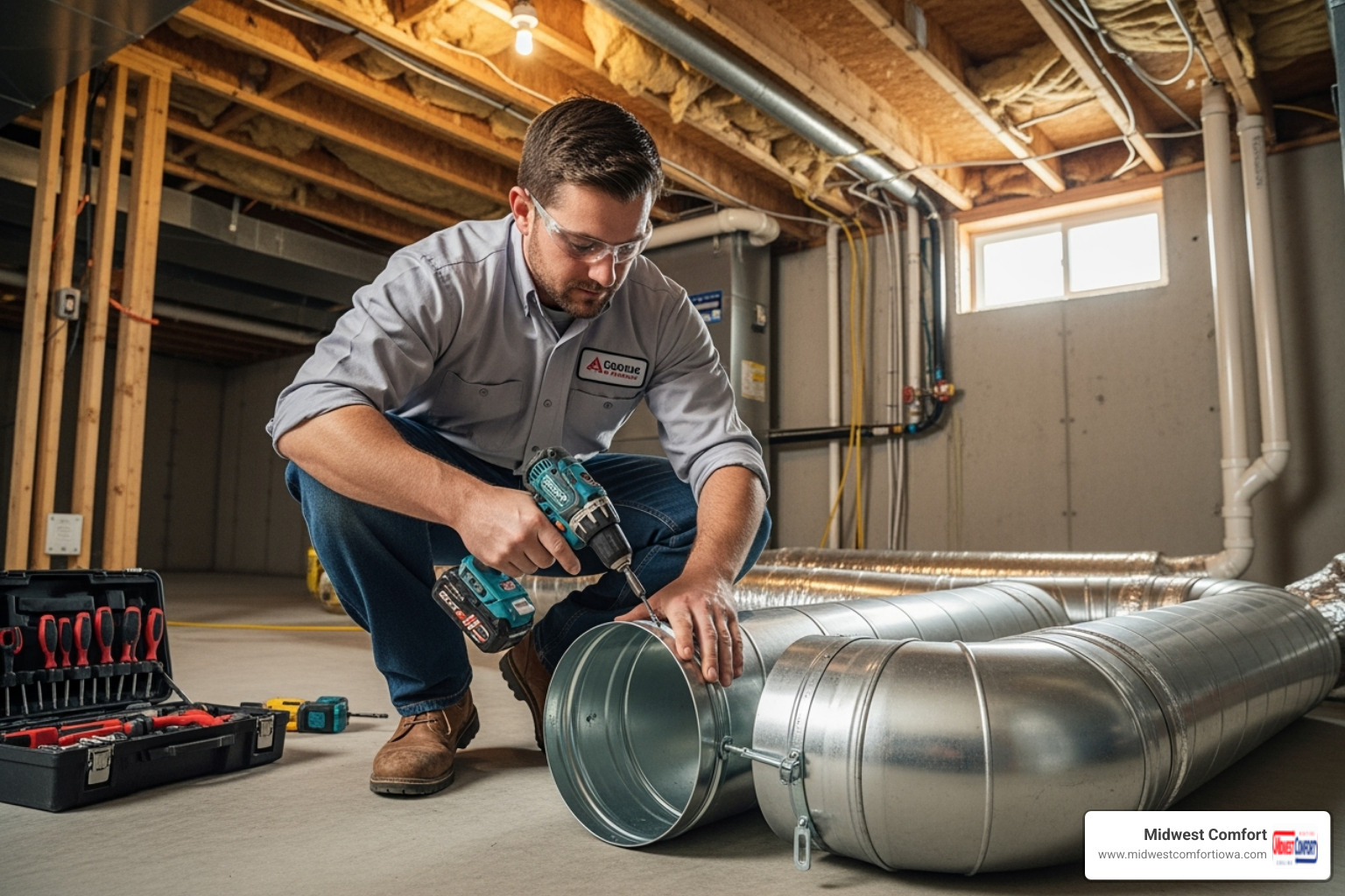 a certified technician carefully connecting ventilation ductwork - ventilation installation windsor heights a certified technician carefully connecting ventilation ductwork - ventilation installation windsor heights