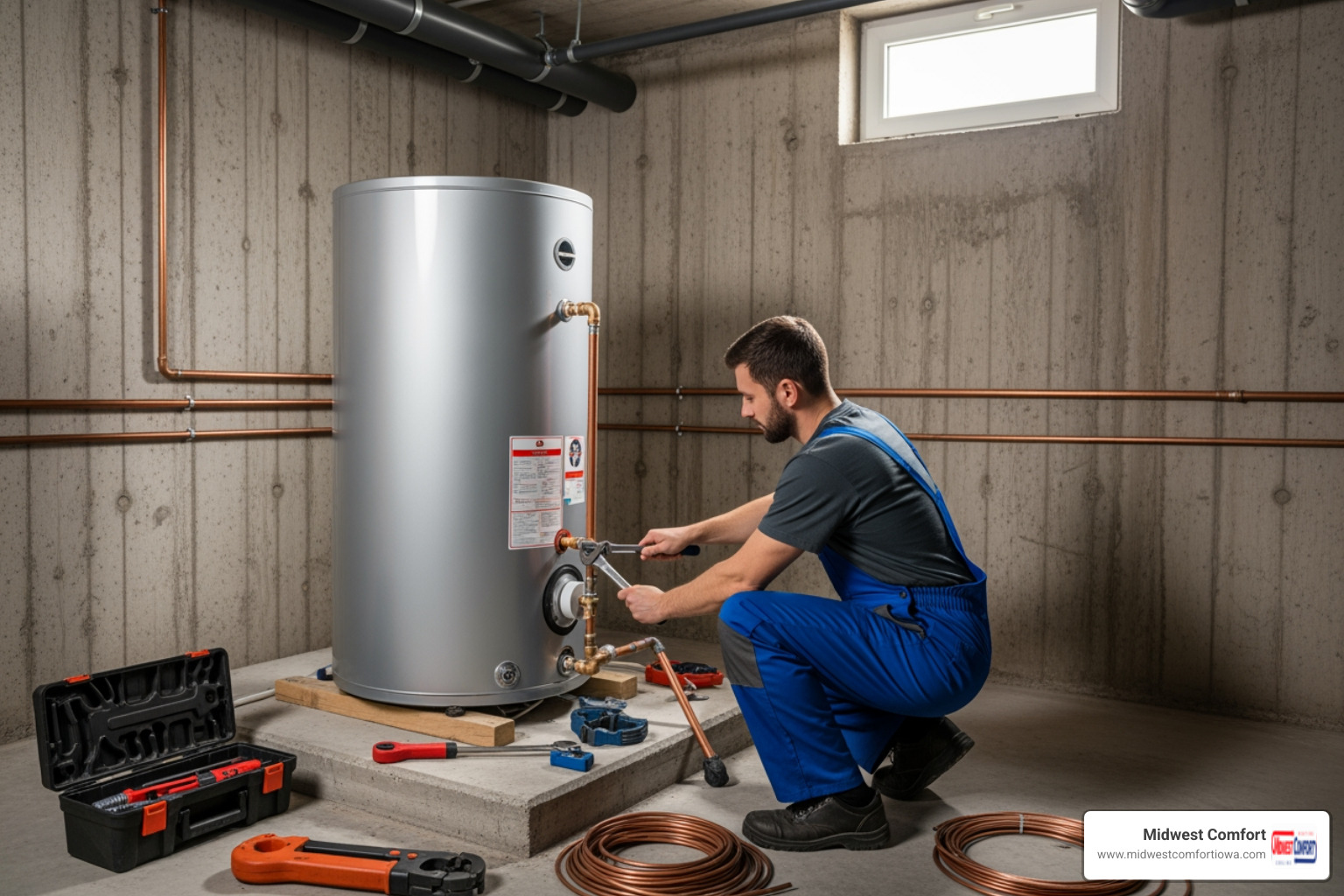 infographic explaining key benefits of a new water heater - water heater installation company in des moines, ia
