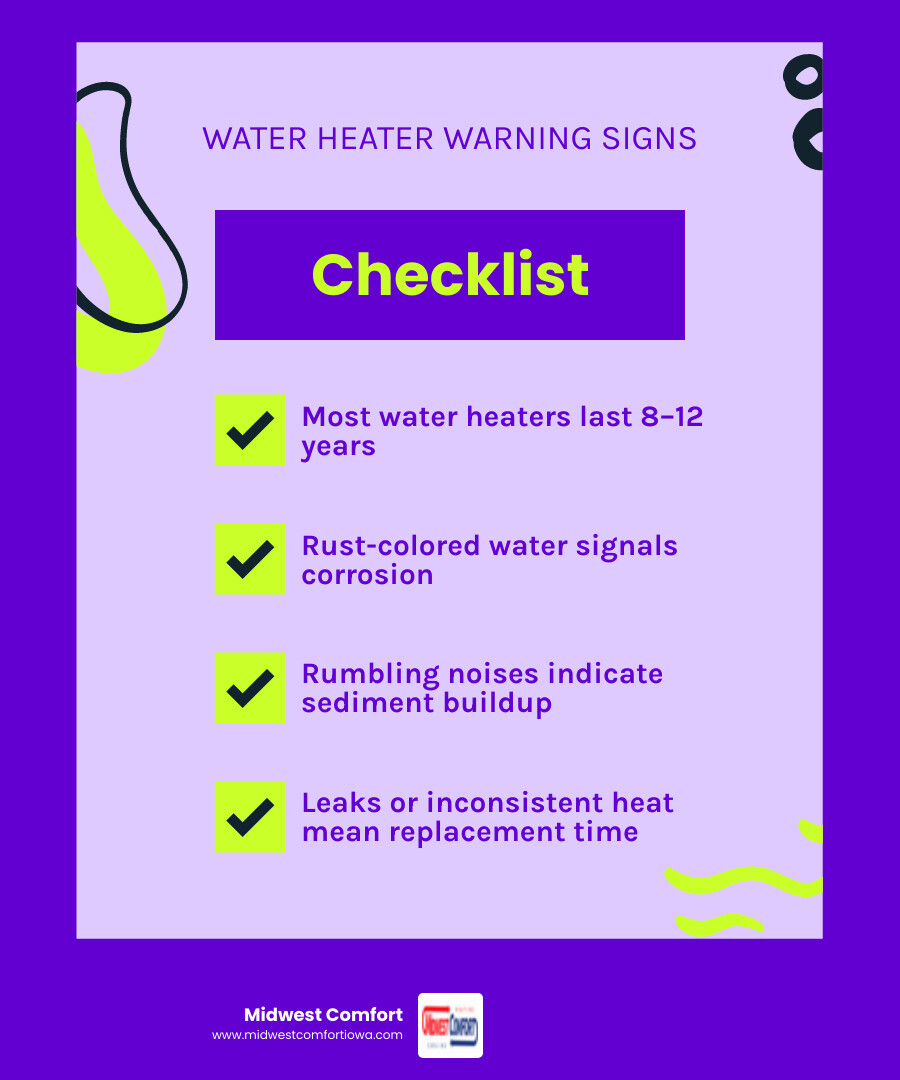Infographic showing water heater lifespan, efficiency ratings, and replacement decision checklist for Ankeny IA homeowners Infographic showing water heater lifespan, efficiency ratings, and replacement decision checklist for Ankeny IA homeowners