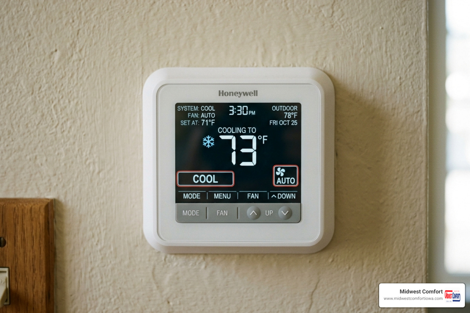 Close-up of a digital thermostat display set to Cool and Auto mode - why is my ac blowing warm air troubleshooting steps