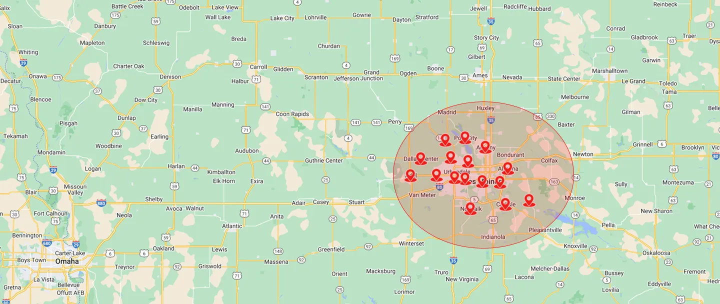 Midwest Comfort Heating & Cooling service coverage across the Des Moines metro